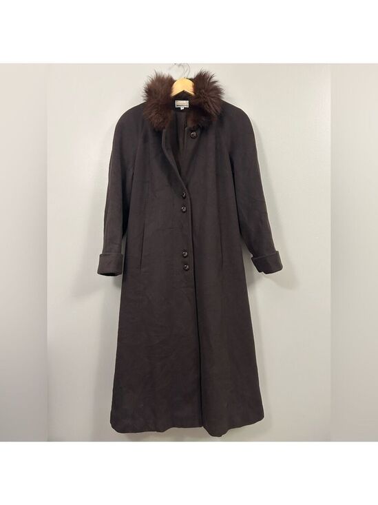 Vintage Jackets & Blazers - Lorovi Vintage Dark Brown Wool Trench Coat with Blue Fox Fur Collar Size 4